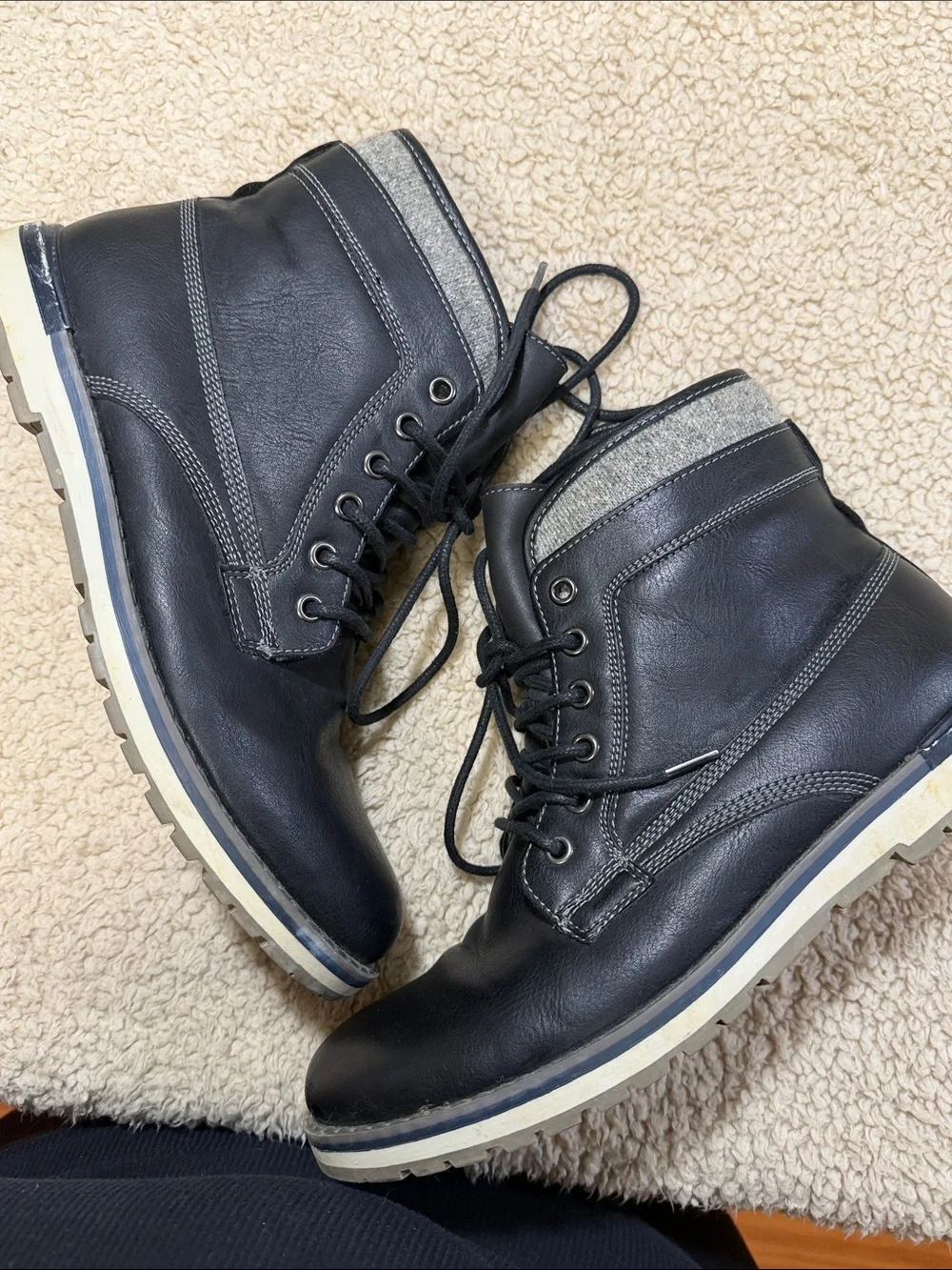 Men's Black Leather Lace-Up Boots with Gray Fabric Collar